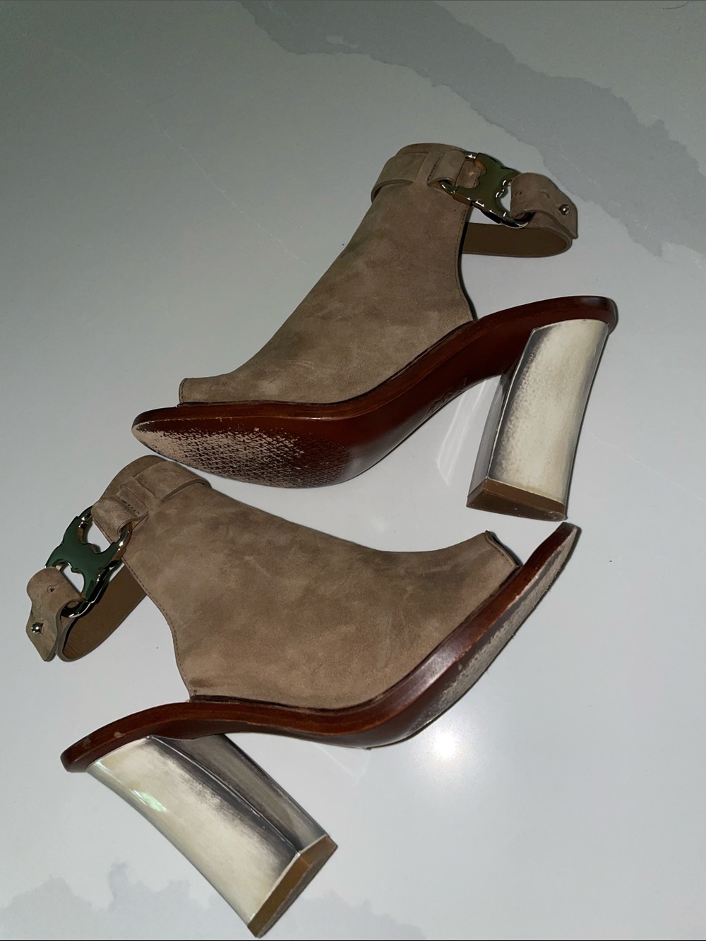 Tory Burch Brown/olive Suede Open-Toe Block Heel Sandals with Gold Buckle